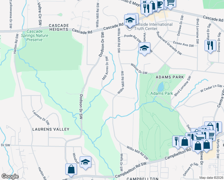 map of restaurants, bars, coffee shops, grocery stores, and more near 1610 Mill Acres Drive Southwest in Atlanta