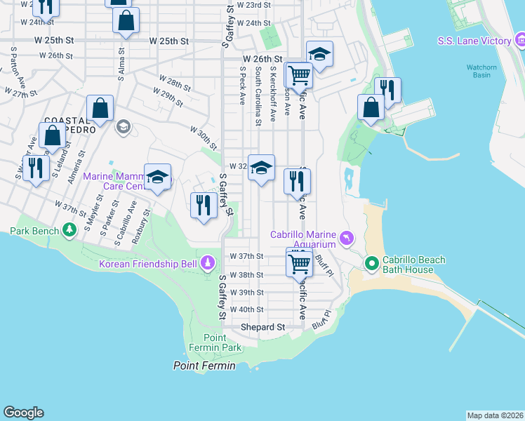 map of restaurants, bars, coffee shops, grocery stores, and more near 3422 South Carolina Street in Los Angeles