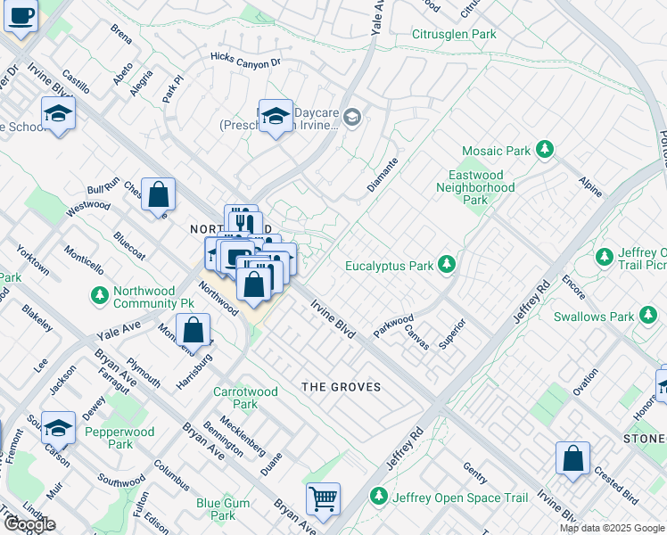 map of restaurants, bars, coffee shops, grocery stores, and more near 108 Hargrove in Irvine