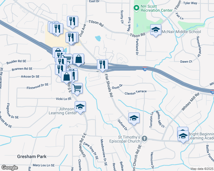 map of restaurants, bars, coffee shops, grocery stores, and more near 2587 Flat Shoals Road in Decatur