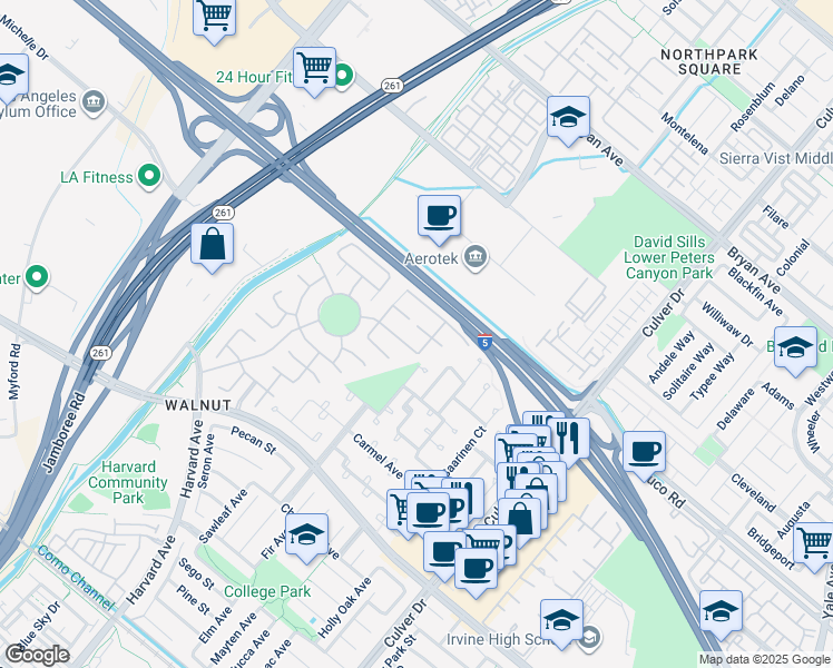 map of restaurants, bars, coffee shops, grocery stores, and more near 22 Iowa in Irvine