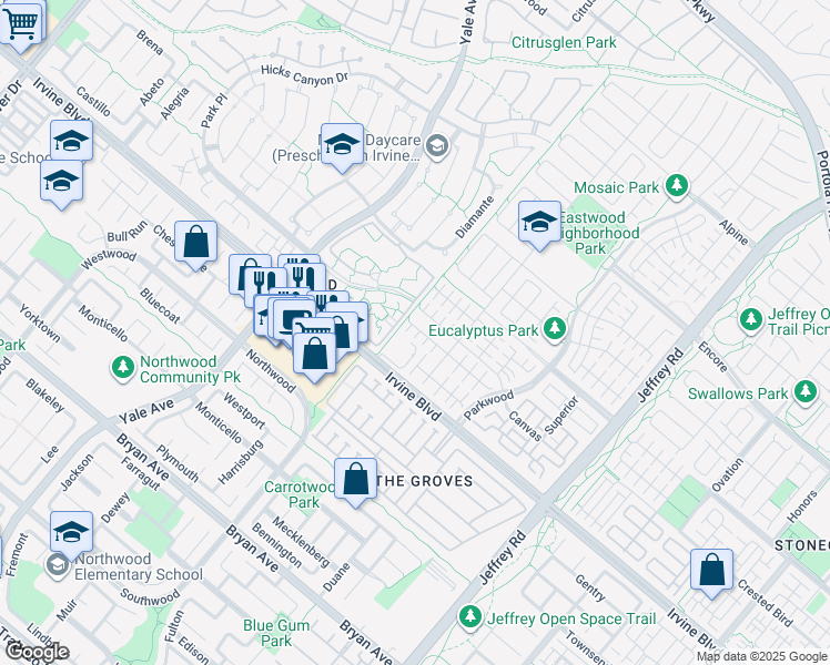 map of restaurants, bars, coffee shops, grocery stores, and more near 108 Hargrove in Irvine