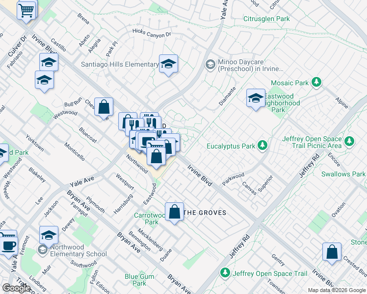map of restaurants, bars, coffee shops, grocery stores, and more near in Irvine