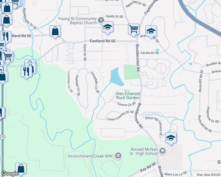 map of restaurants, bars, coffee shops, grocery stores, and more near 1410 Foxhall Lane Southeast in Atlanta