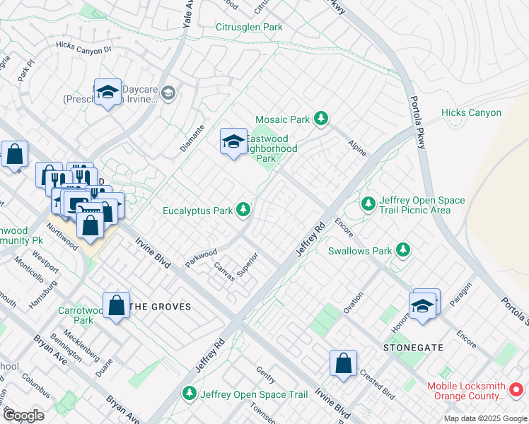 map of restaurants, bars, coffee shops, grocery stores, and more near 93 Henson in Irvine