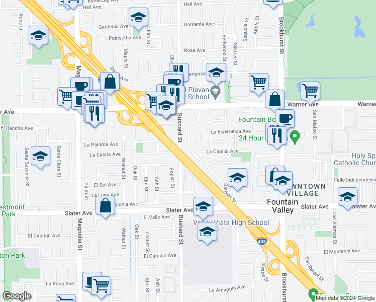 map of restaurants, bars, coffee shops, grocery stores, and more near 17215 Buttonwood Street in Fountain Valley