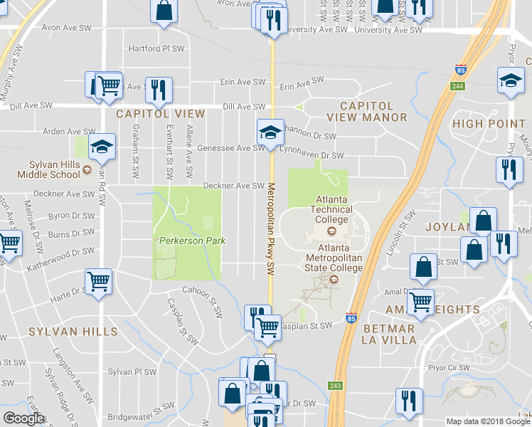 map of restaurants, bars, coffee shops, grocery stores, and more near 1545 Metropolitan Parkway Southwest in Atlanta