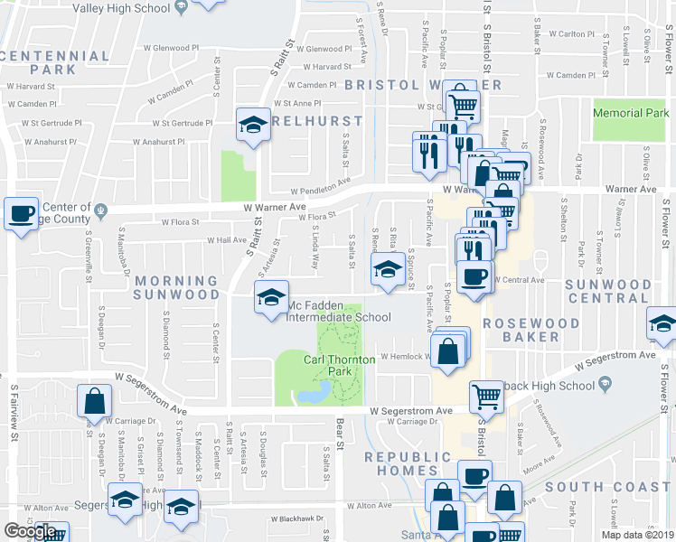 map of restaurants, bars, coffee shops, grocery stores, and more near 2500 South Salta Street in Santa Ana