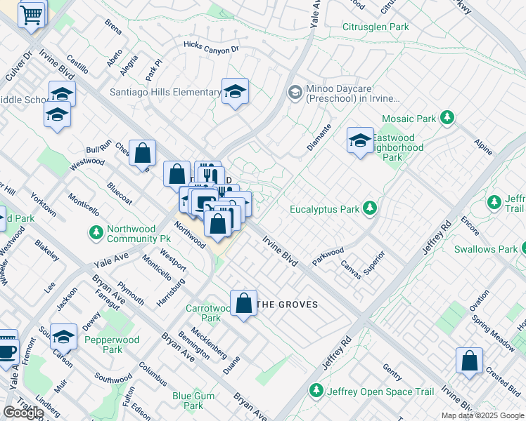 map of restaurants, bars, coffee shops, grocery stores, and more near 125 Streamwood in Irvine