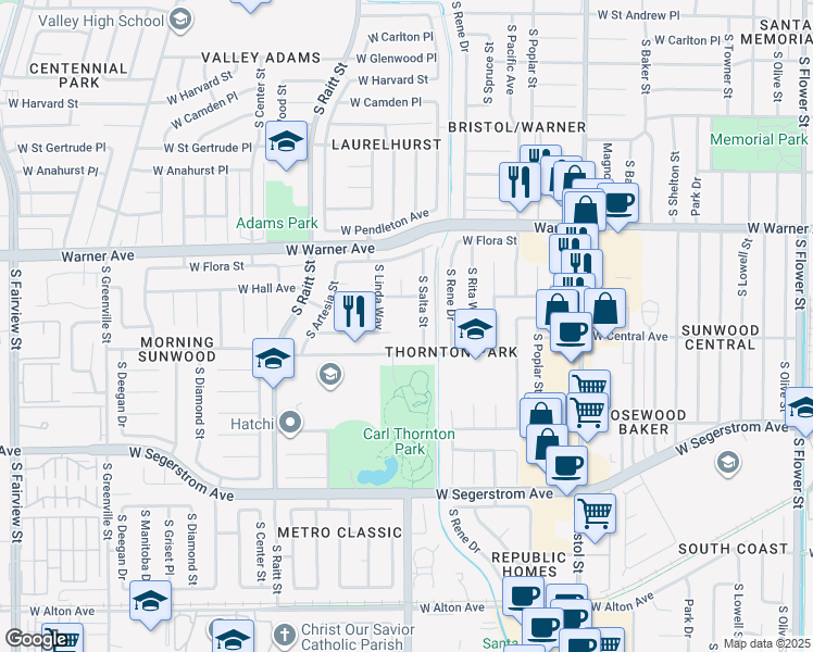 map of restaurants, bars, coffee shops, grocery stores, and more near 2500 South Salta Street in Santa Ana
