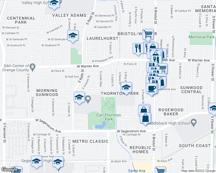 map of restaurants, bars, coffee shops, grocery stores, and more near 1801 West Adams Street in Santa Ana