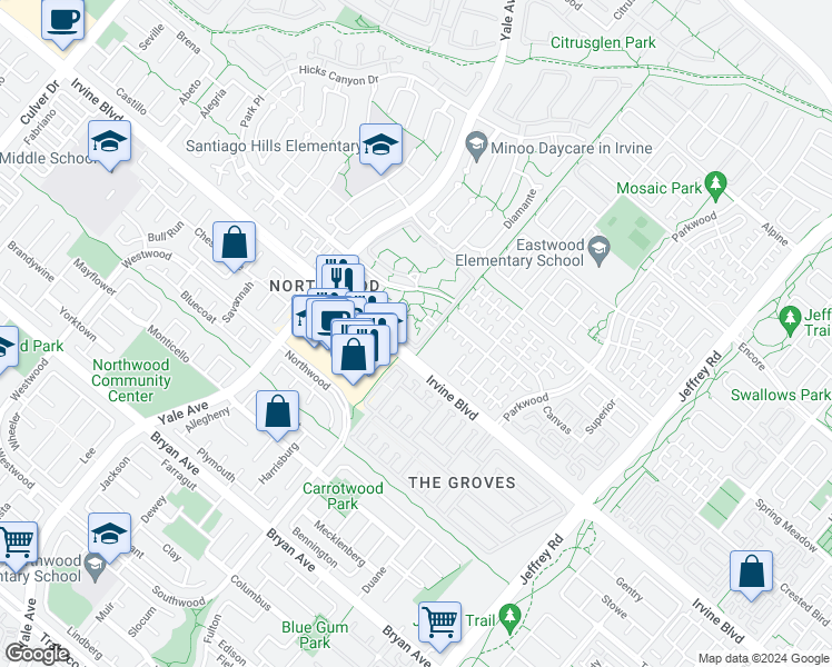 map of restaurants, bars, coffee shops, grocery stores, and more near 118 Streamwood in Irvine