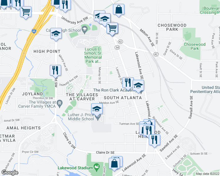 map of restaurants, bars, coffee shops, grocery stores, and more near 57 Moury Avenue Southeast in Atlanta
