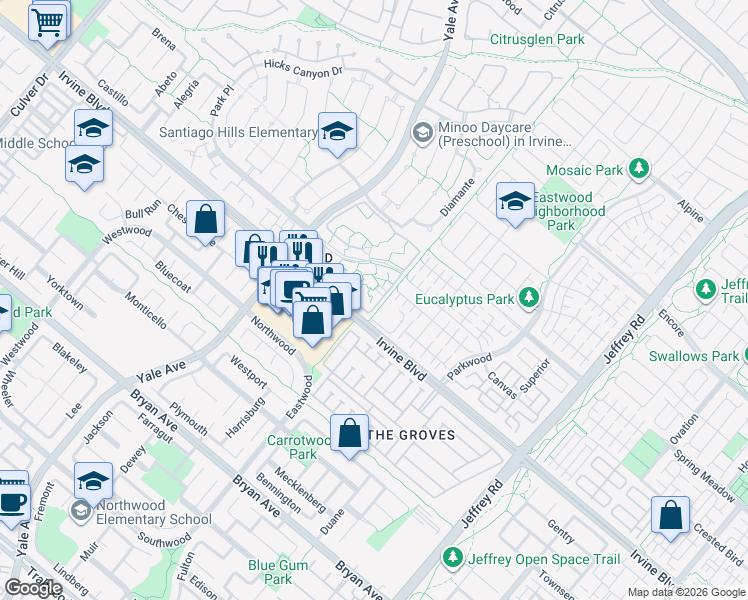 map of restaurants, bars, coffee shops, grocery stores, and more near in Irvine