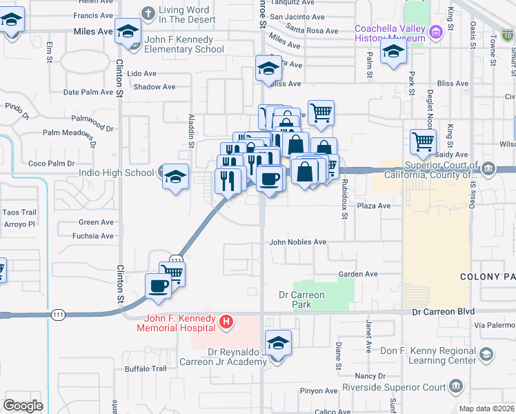 map of restaurants, bars, coffee shops, grocery stores, and more near 46319 Monroe Street in Indio