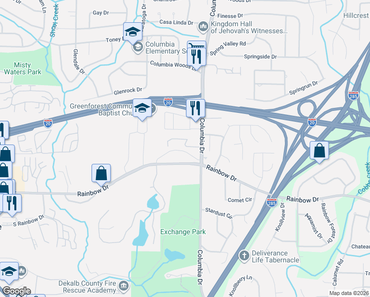 map of restaurants, bars, coffee shops, grocery stores, and more near 3342 Rainbow Drive in Decatur