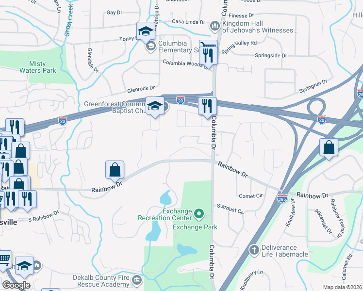 map of restaurants, bars, coffee shops, grocery stores, and more near 3300 Rainbow Drive in Decatur