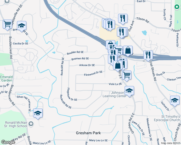 map of restaurants, bars, coffee shops, grocery stores, and more near 1625 Flintwood Drive Southeast in Atlanta