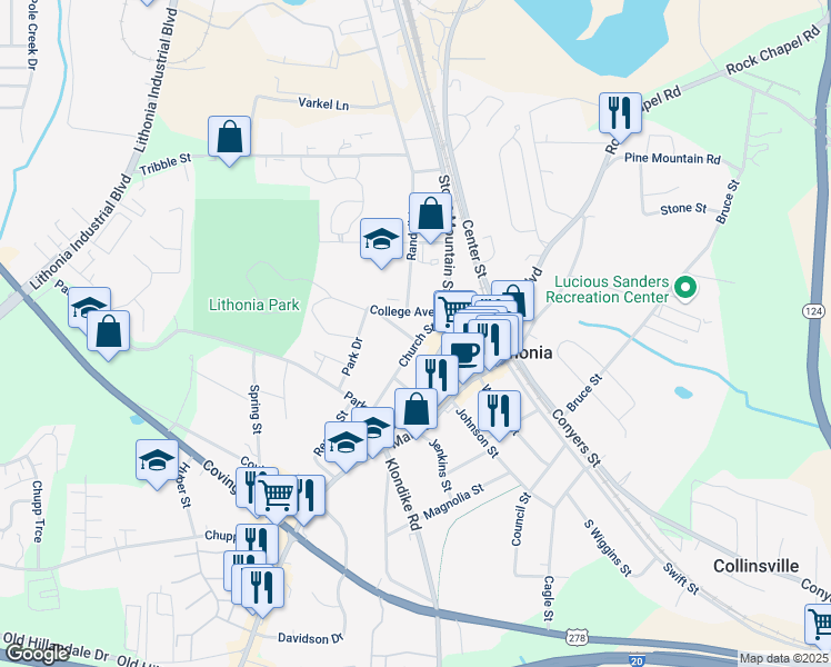 map of restaurants, bars, coffee shops, grocery stores, and more near 6834 Church Street in Lithonia
