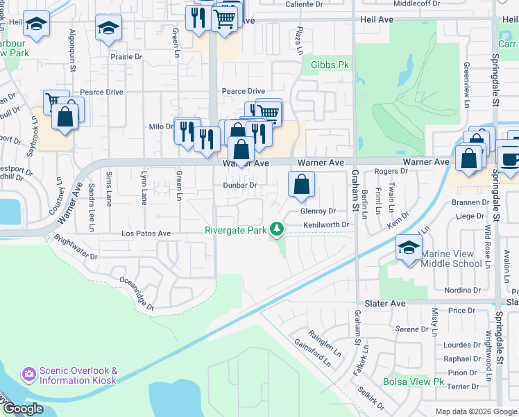 map of restaurants, bars, coffee shops, grocery stores, and more near 17202 Corbina Lane in Huntington Beach