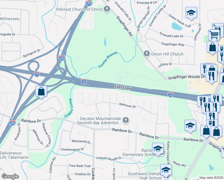 map of restaurants, bars, coffee shops, grocery stores, and more near 2557 Cloud Lane in Decatur