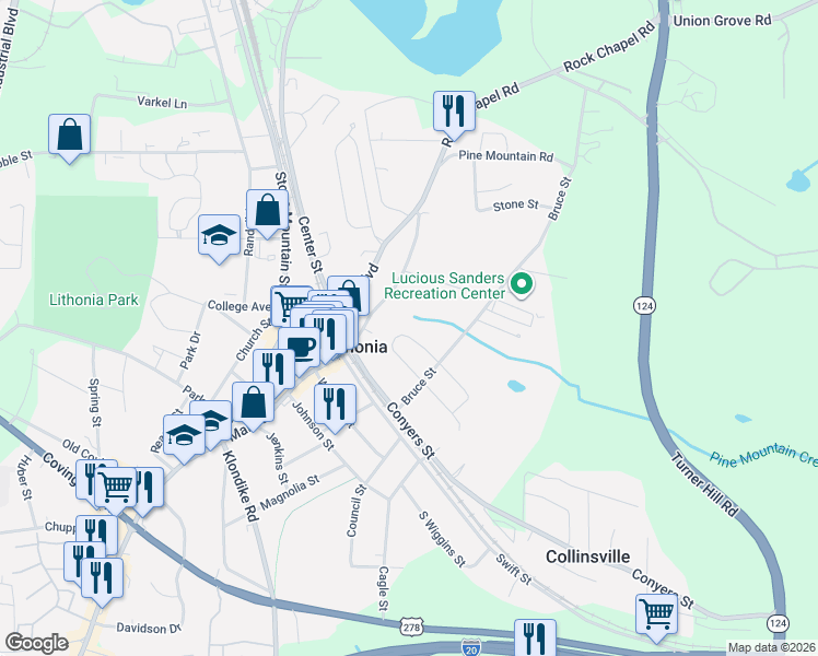 map of restaurants, bars, coffee shops, grocery stores, and more near 6985 Bruce Circle in Lithonia