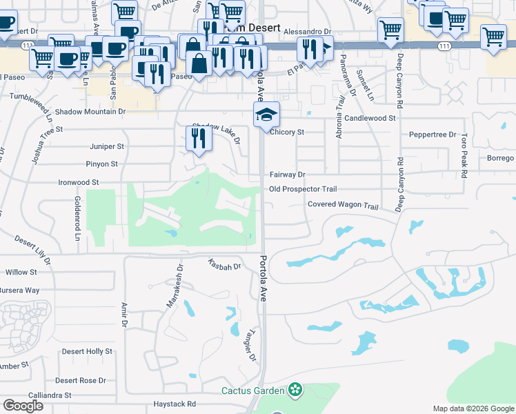 map of restaurants, bars, coffee shops, grocery stores, and more near 46155 Portola Avenue in Palm Desert