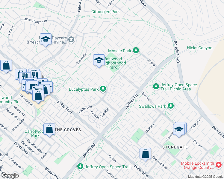 map of restaurants, bars, coffee shops, grocery stores, and more near 93 Henson in Irvine
