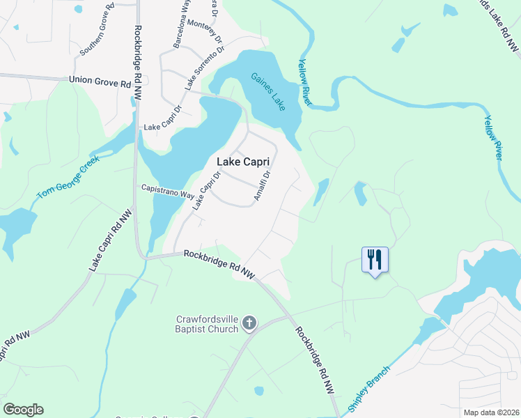 map of restaurants, bars, coffee shops, grocery stores, and more near 2521 Amalfi Drive in Conyers