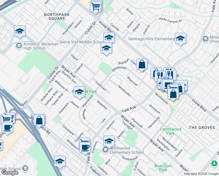 map of restaurants, bars, coffee shops, grocery stores, and more near 26 Yorktown in Irvine