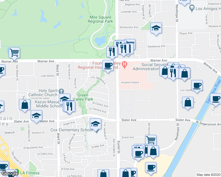 map of restaurants, bars, coffee shops, grocery stores, and more near 17230 San Lorenzo Circle in Fountain Valley