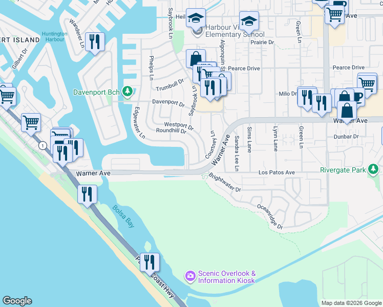 map of restaurants, bars, coffee shops, grocery stores, and more near 17164 Edgewater Lane in Huntington Beach