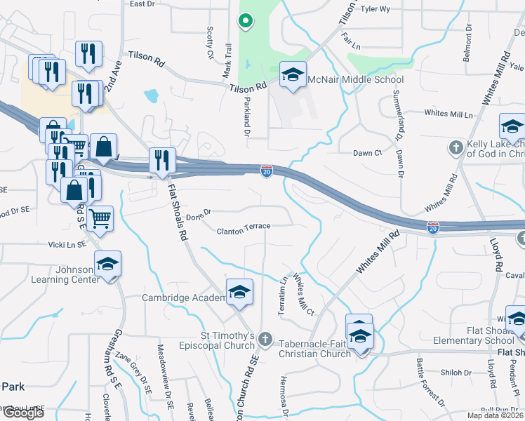 map of restaurants, bars, coffee shops, grocery stores, and more near 2216 Clanton Terrace in Decatur