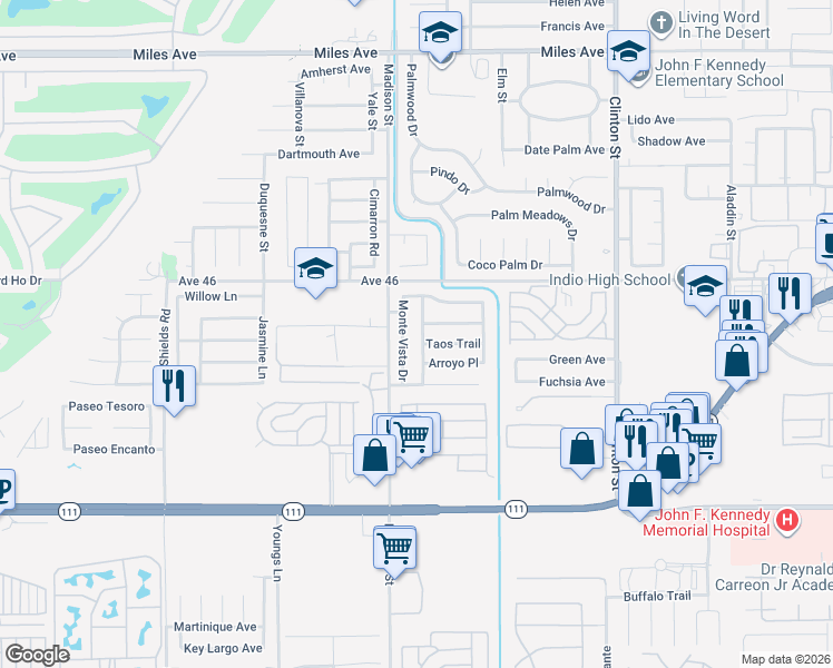 map of restaurants, bars, coffee shops, grocery stores, and more near 81093 Taos Trail in Indio