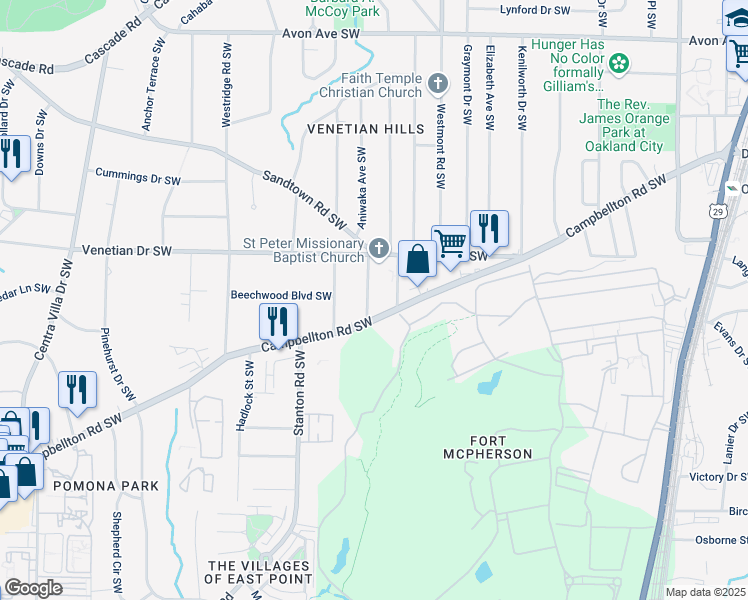 map of restaurants, bars, coffee shops, grocery stores, and more near 1560 Sarah M Harden Drive Southwest in Atlanta