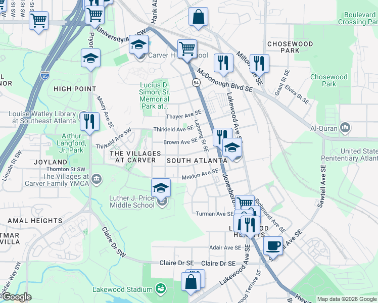 map of restaurants, bars, coffee shops, grocery stores, and more near 47 Moury Avenue Southeast in Atlanta