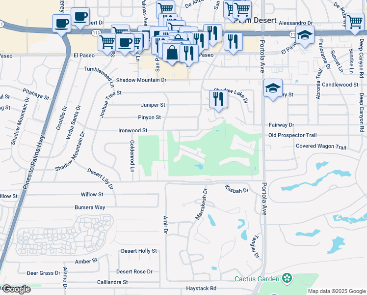 map of restaurants, bars, coffee shops, grocery stores, and more near 73590 Golf Course Lane in Palm Desert