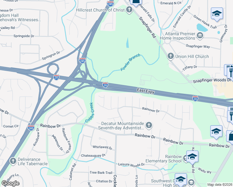 map of restaurants, bars, coffee shops, grocery stores, and more near 2554 Rainbow Creek Drive in Decatur