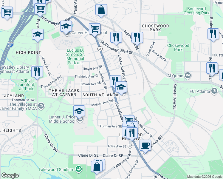 map of restaurants, bars, coffee shops, grocery stores, and more near 1525 Jonesboro Road Southeast in Atlanta