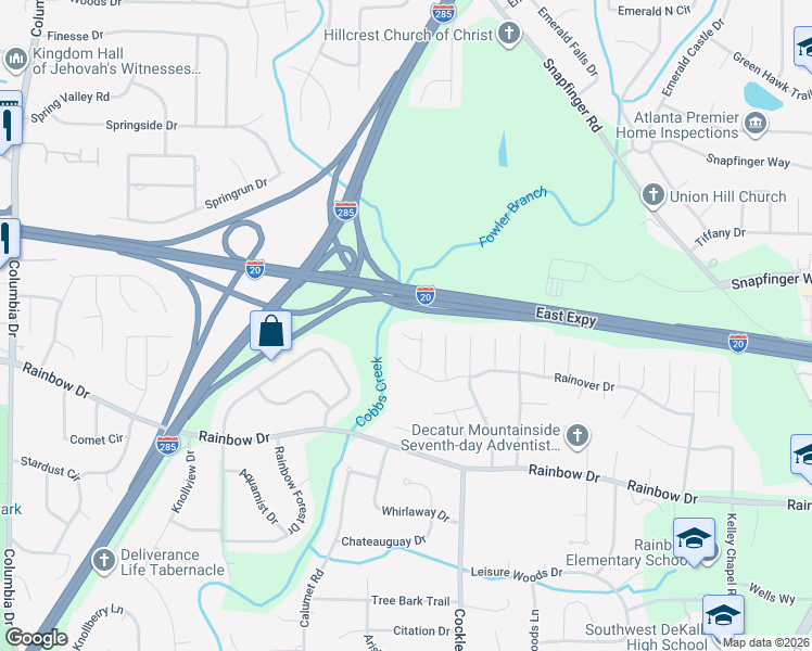 map of restaurants, bars, coffee shops, grocery stores, and more near 3710 Rainshower Lane in Decatur