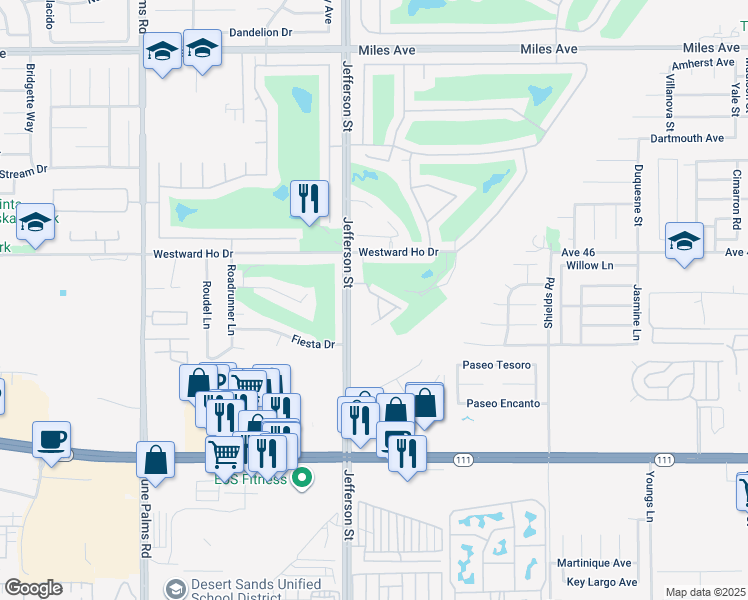 map of restaurants, bars, coffee shops, grocery stores, and more near 80095 Palm Circle Drive in La Quinta