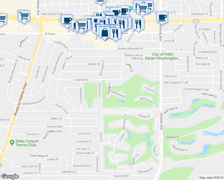 map of restaurants, bars, coffee shops, grocery stores, and more near 73611 Golf Course Lane in Palm Desert