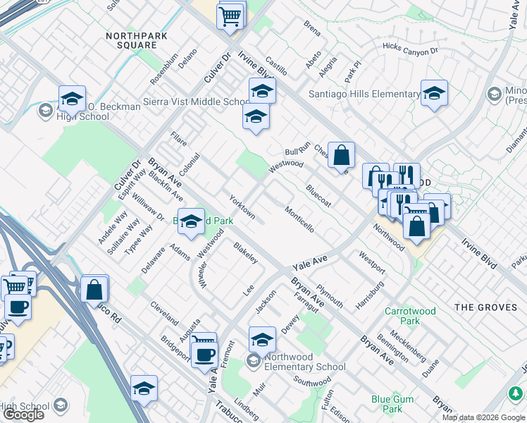 map of restaurants, bars, coffee shops, grocery stores, and more near 26 Yorktown in Irvine