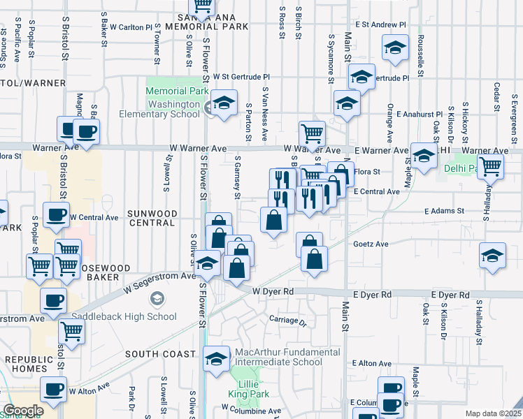 map of restaurants, bars, coffee shops, grocery stores, and more near 2530 South Birch Street in Santa Ana