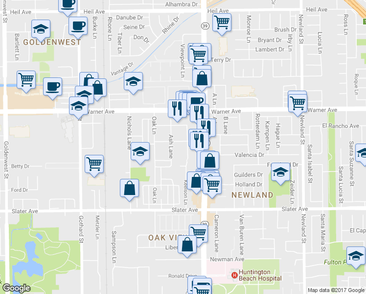 map of restaurants, bars, coffee shops, grocery stores, and more near 17216 Ash Lane in Huntington Beach