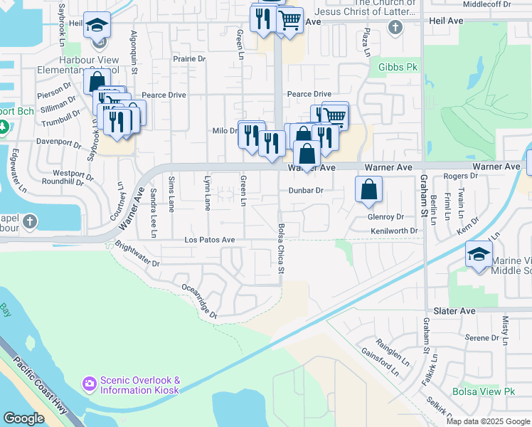 map of restaurants, bars, coffee shops, grocery stores, and more near 4931 Seapine Circle in Huntington Beach