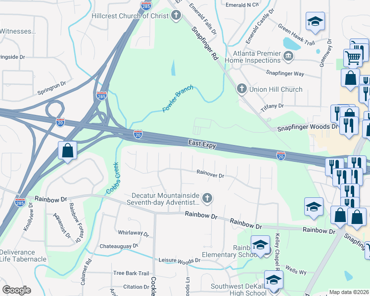 map of restaurants, bars, coffee shops, grocery stores, and more near 2557 Cloud Lane in Decatur