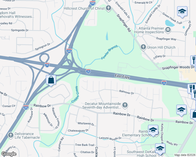 map of restaurants, bars, coffee shops, grocery stores, and more near 2554 Rainbow Creek Drive in Decatur