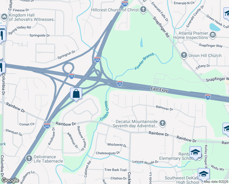 map of restaurants, bars, coffee shops, grocery stores, and more near 3710 Rainshower Lane in Decatur