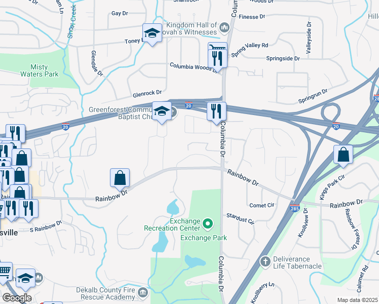 map of restaurants, bars, coffee shops, grocery stores, and more near 3231 Abbeywood Drive in Decatur